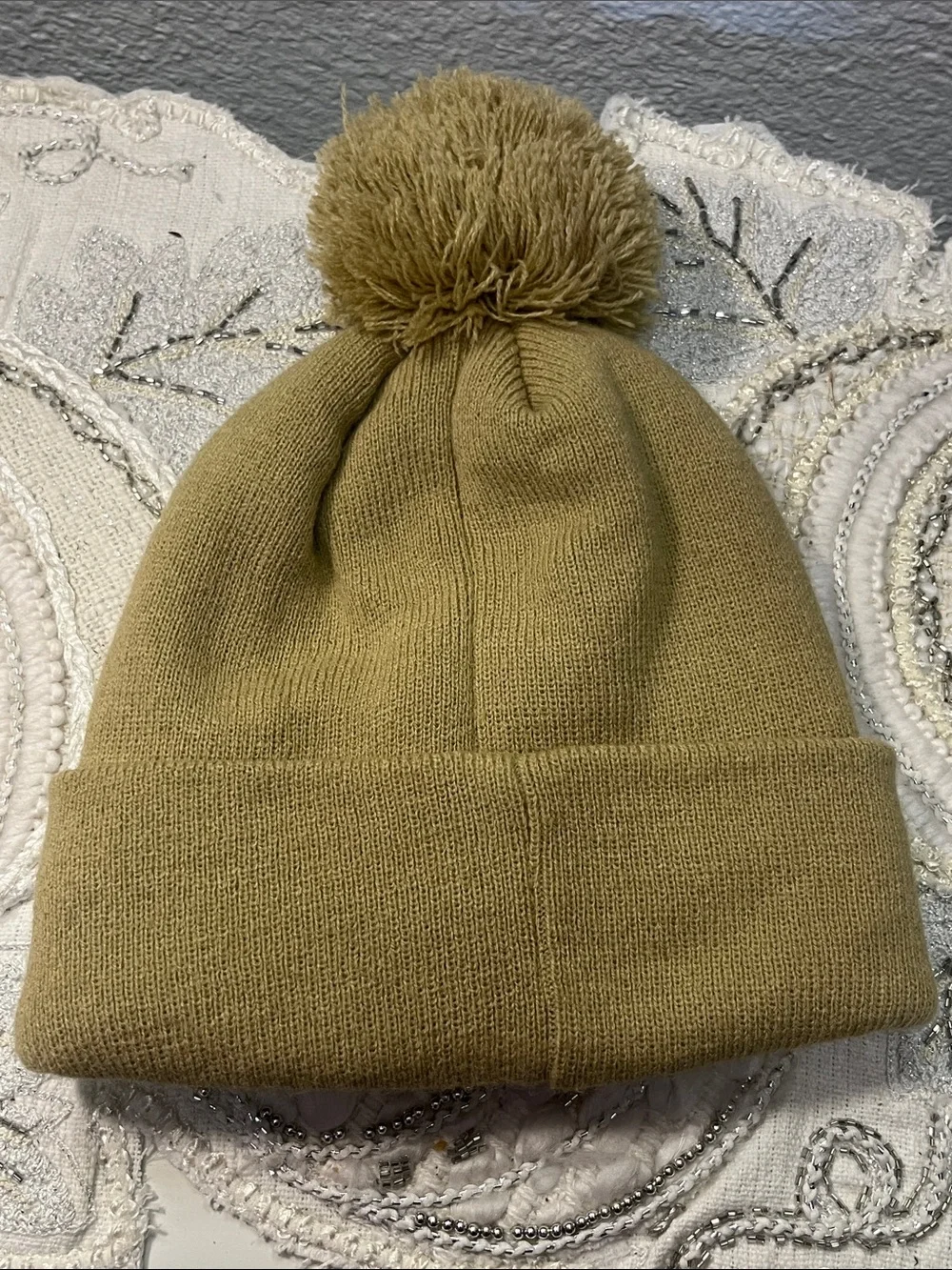 NWOT True Religion Tan Pom Pom Knit Beanie Hat Buddha Patch